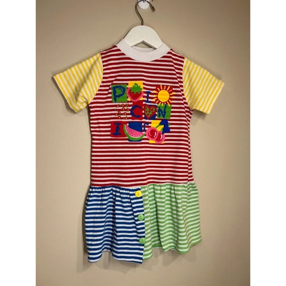 Vintage Buster Brown Girls 6X Colorful Striped Summer Picnic Dress